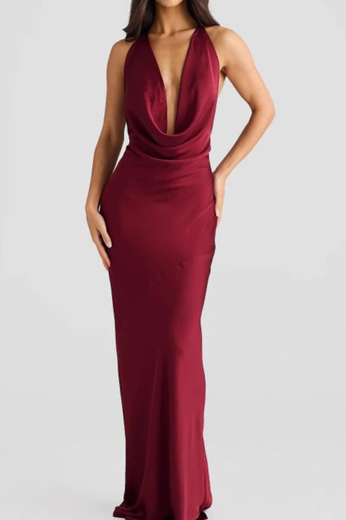 Sleeveless Halter Draped Neck Solid Satin Slim Formal Dress Main image