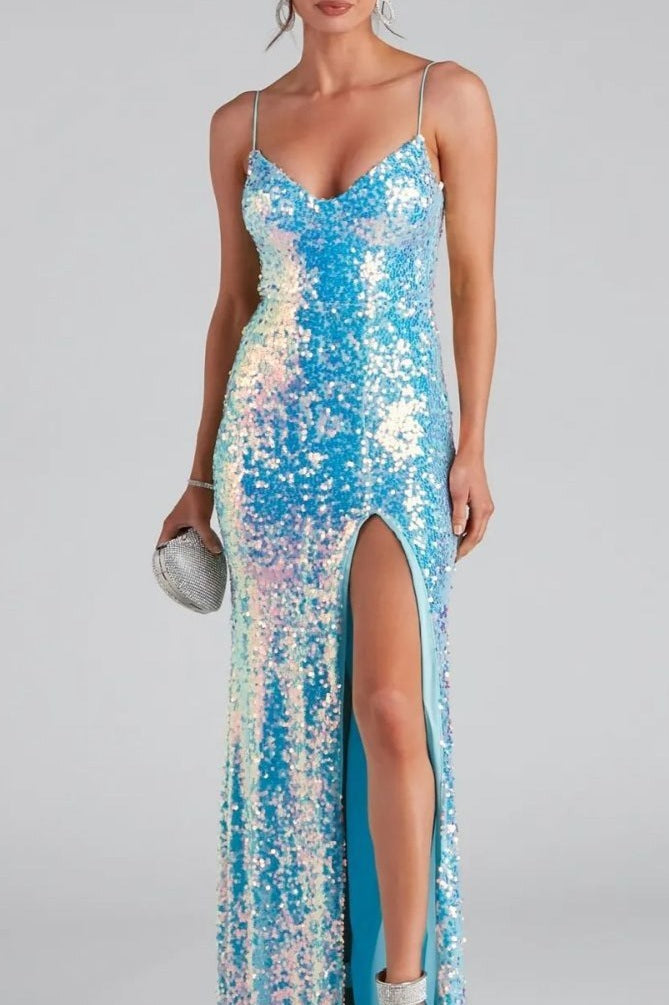 Beaded Split Spaghetti Strap Bridesmaid Evening Sequin Dress Main image