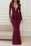 Ruched Plunging V Neck Long Sleeve Maxi Party Dress