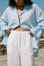Tie Cuff Oversized Blue Long Sleeve Blouse