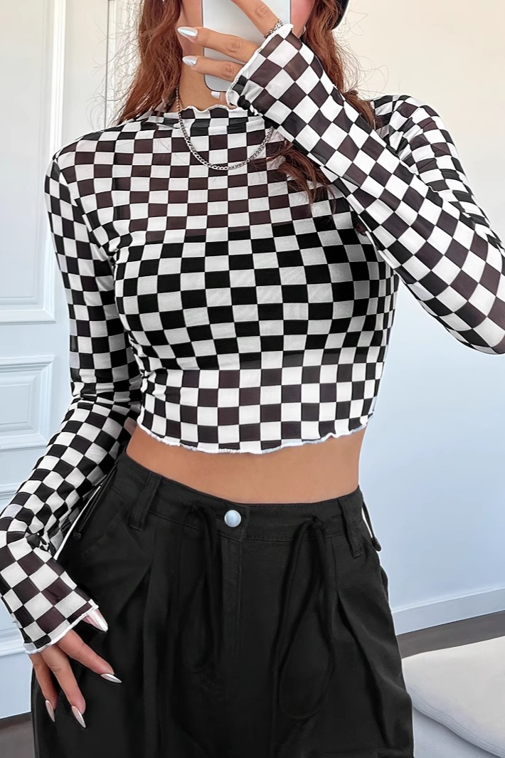 Checkerboard Mesh Mock Neck Slim Long Sleeve Crop Top Secondary image