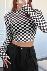 Checkerboard Mesh Mock Neck Slim Long Sleeve Crop Top