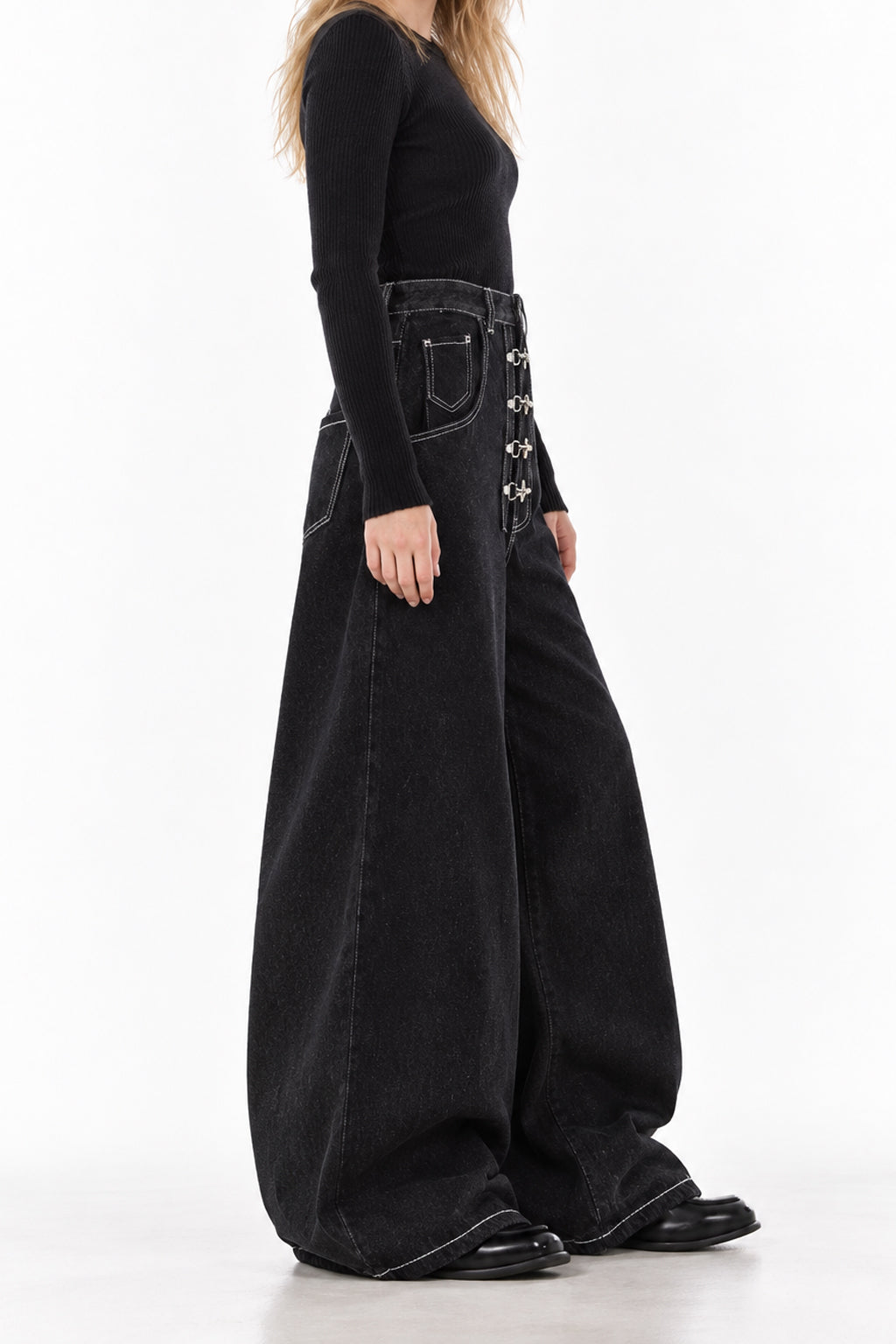 Deep Wash Draped Wide Leg Denim Jeans