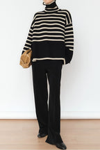Striped Turtleneck Oversized Contrast Hem Knit Sweater