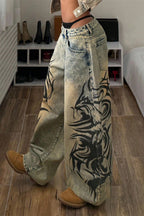 Tribal Graffiti Washed Wide Leg Jeans