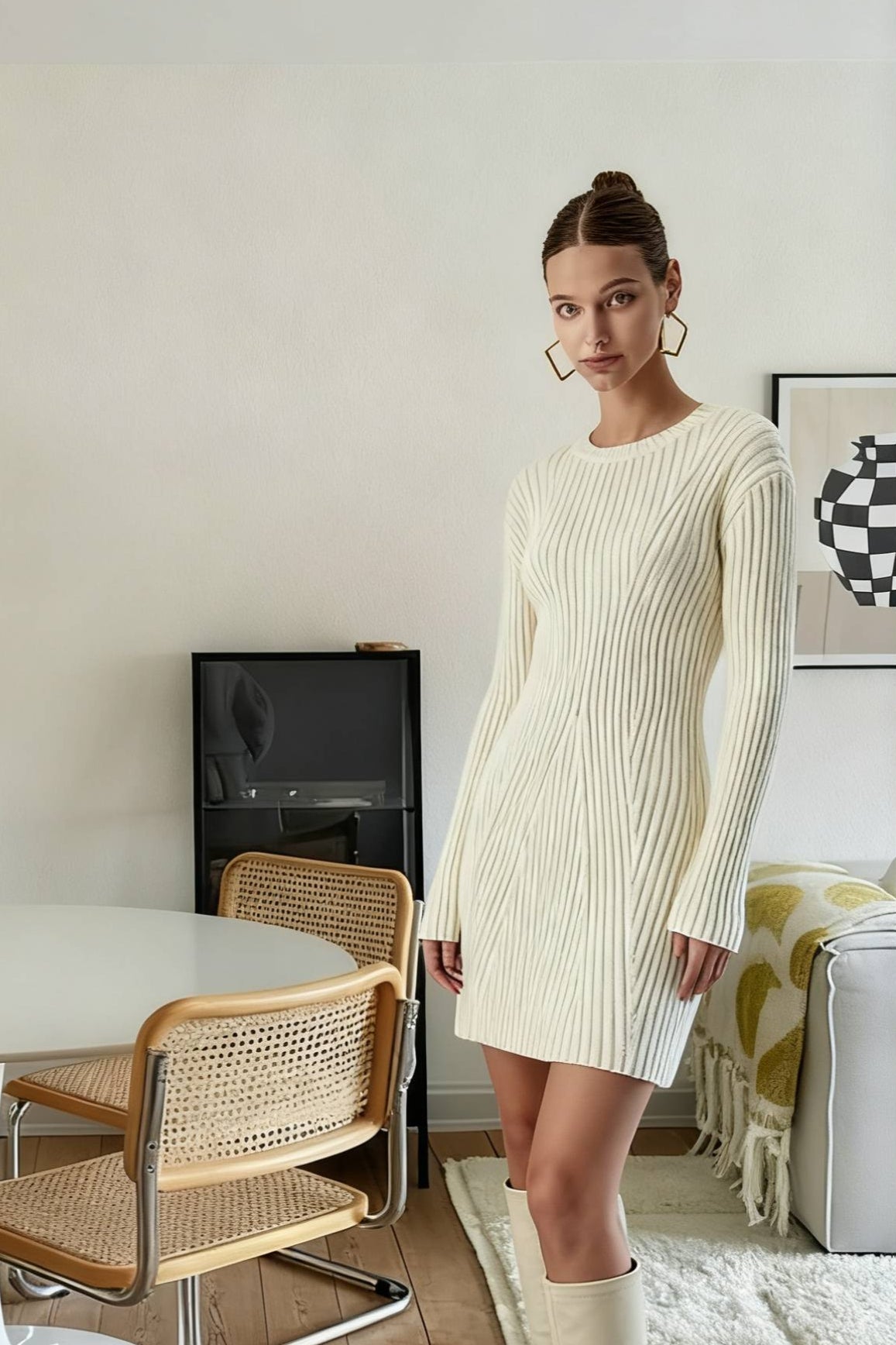 Cream Rib Long Trendy Sleeve Short Sweater Dress Secondary image