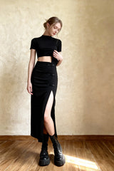 Black Sexy Women A-line Slits High Waist Slim Hip-covering Solid Mid-length Long Streetwear Skirt