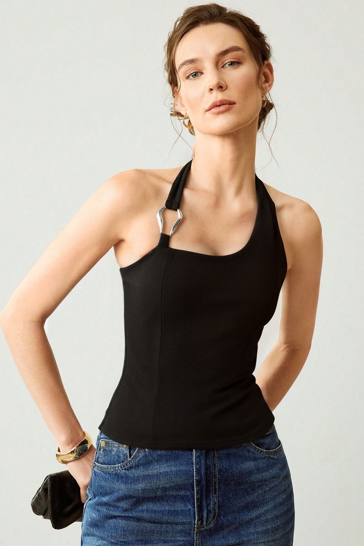 Metal Buckle Halter Fitted Crop Top