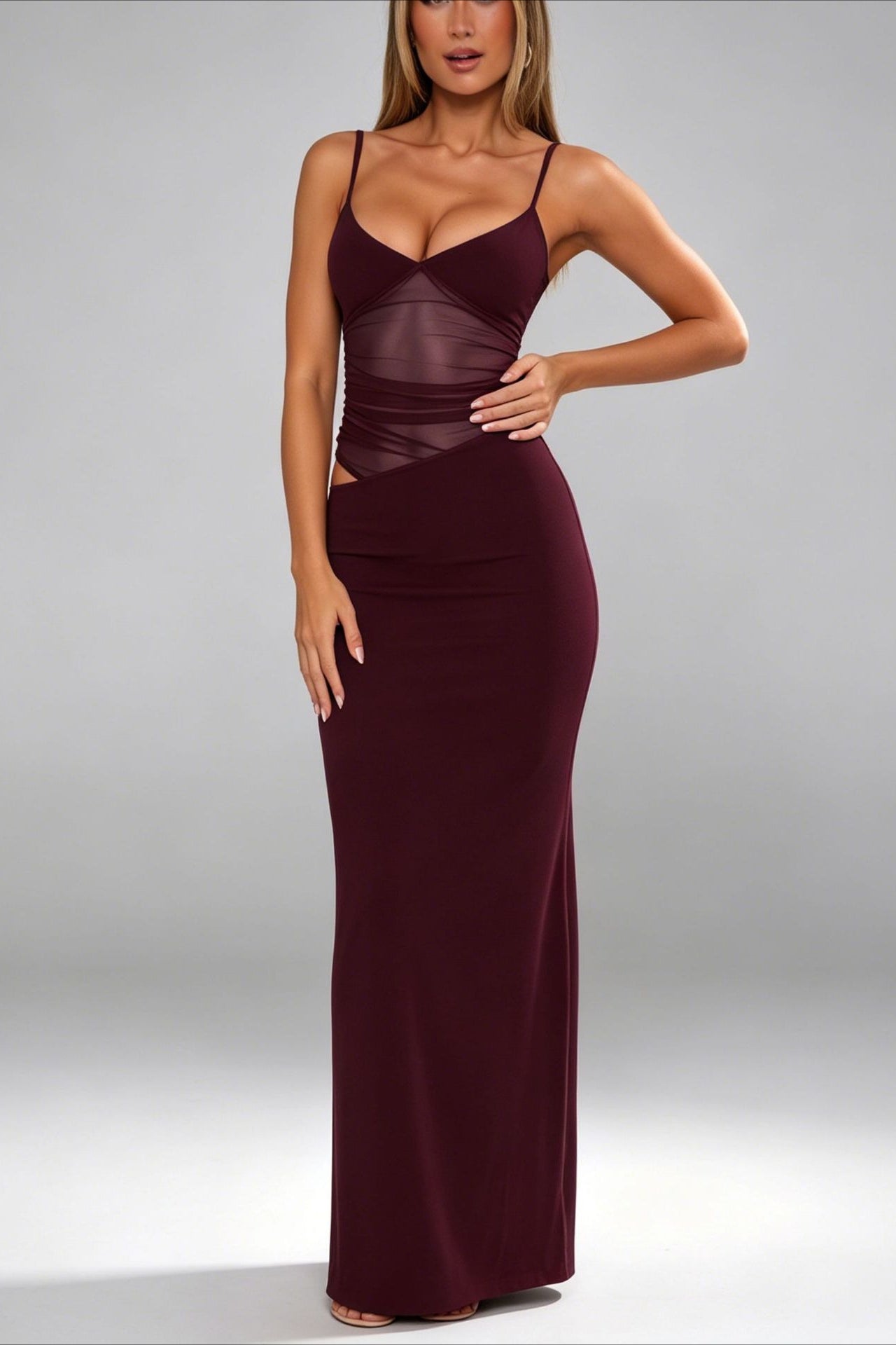Sheer Panel Corset Cutout Maxi Dress