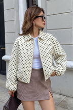 Polka Dot Balloon Sleeve Cropped Zip Jacket