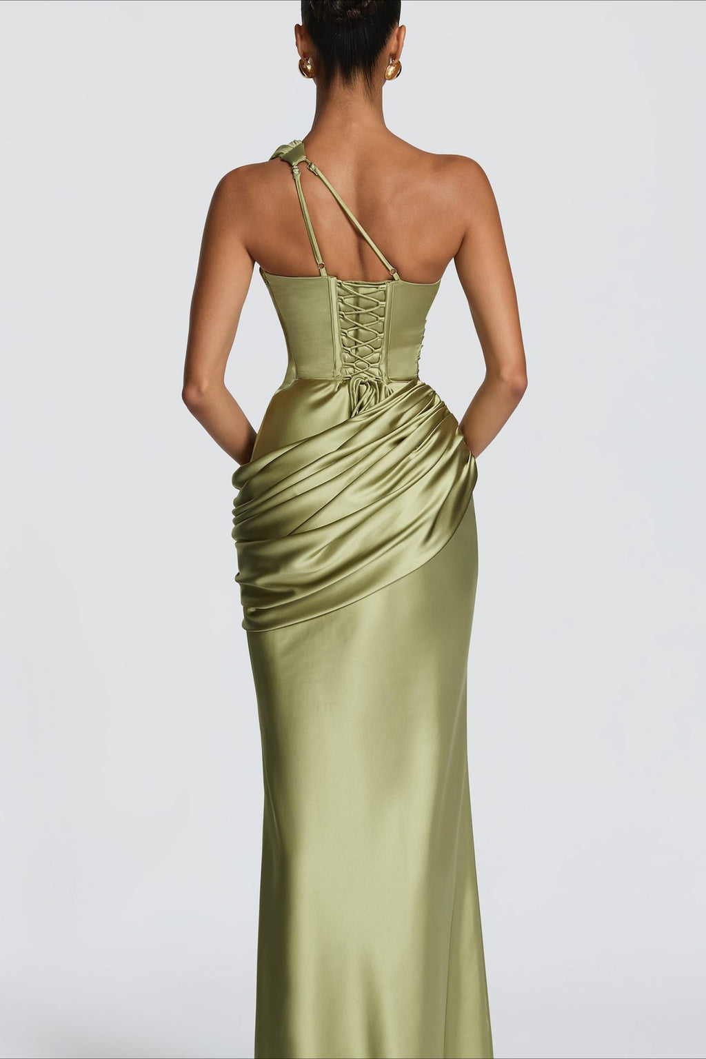 One Shoulder Cutout Ruched Satin Maxi Dress
