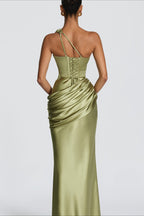 One Shoulder Cutout Ruched Satin Maxi Dress