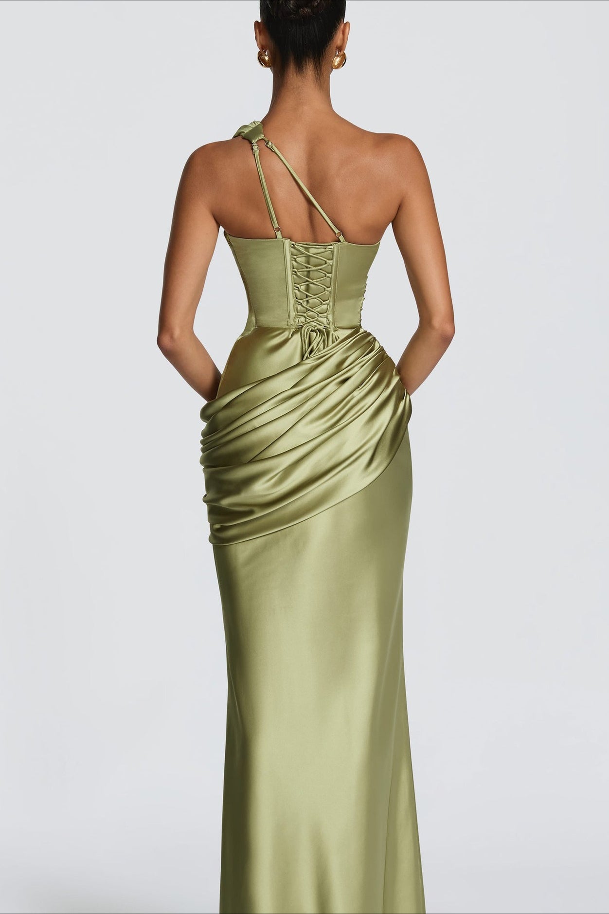 One Shoulder Cutout Ruched Satin Maxi Dress