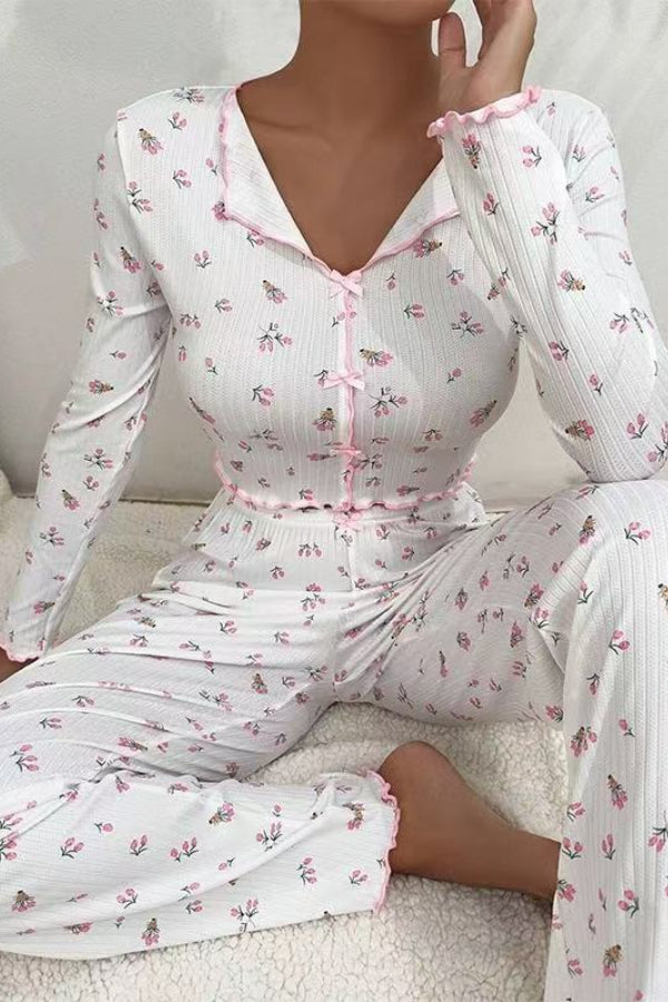 Bow Collar Cuffed Print Pajama Set Main image