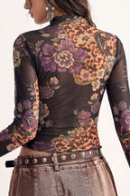Floral Animal Print Mesh Long Sleeved T-shirts