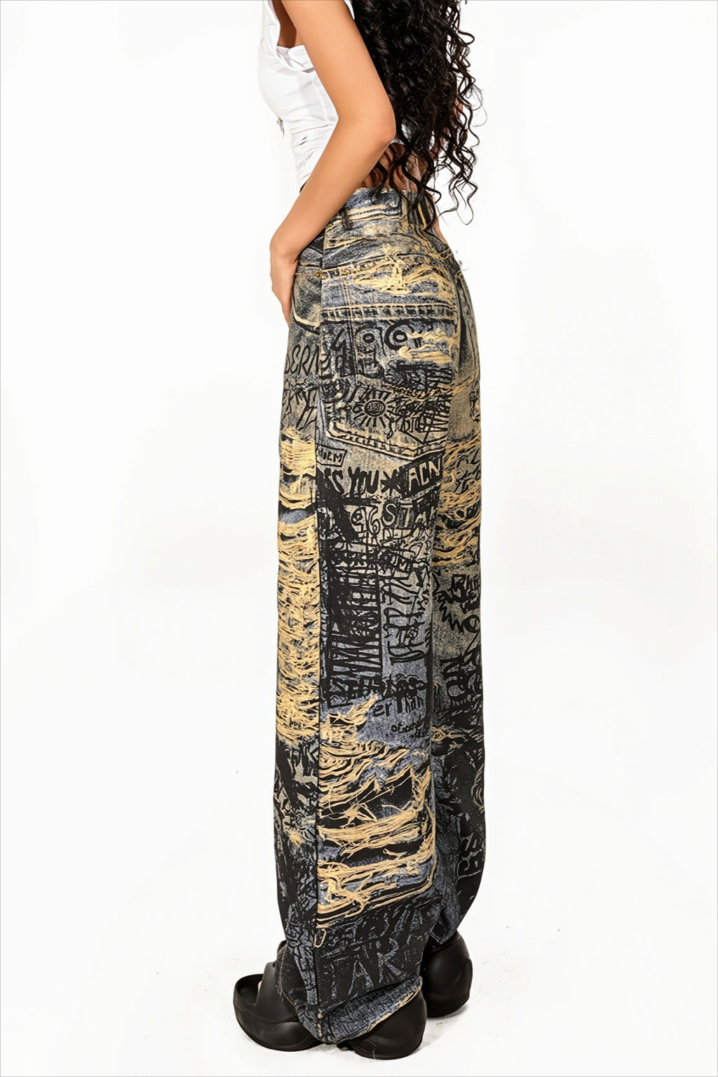 Graffiti Print Distressed Wide Leg Streetwear Jeans