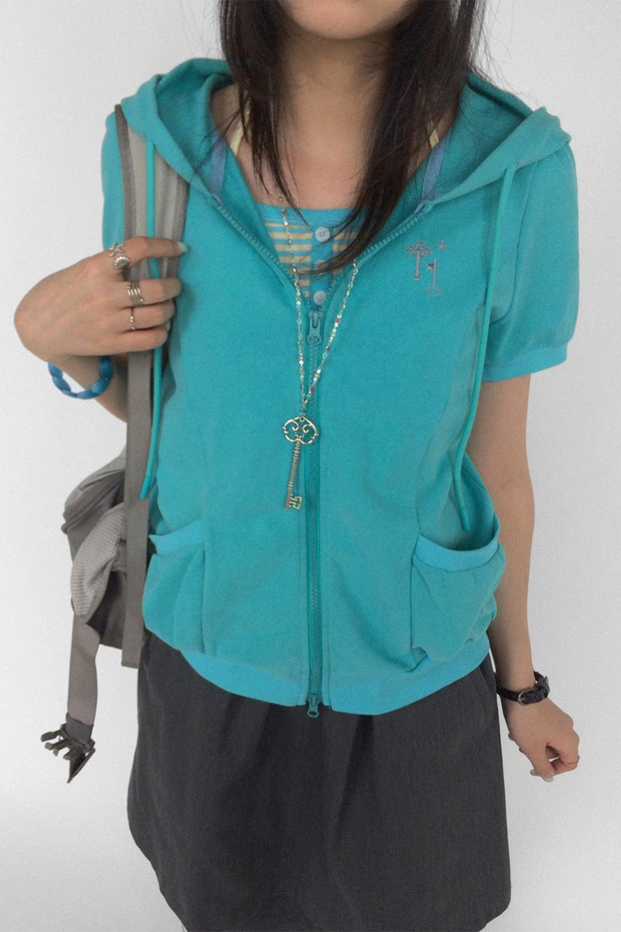 Short Sleeve Cropped Zip Up Hoodie