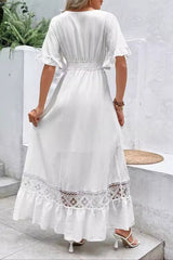 Solid Color V Neck Lace Paneled Chic Boho Dress