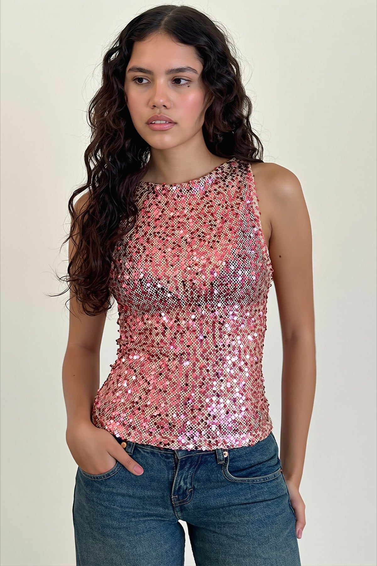 Sequin Sleeveless Crew Neck Party Crop Top