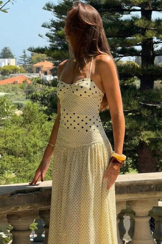 Retro Polka Dot Patchwork Halter Ruched Maxi Dress