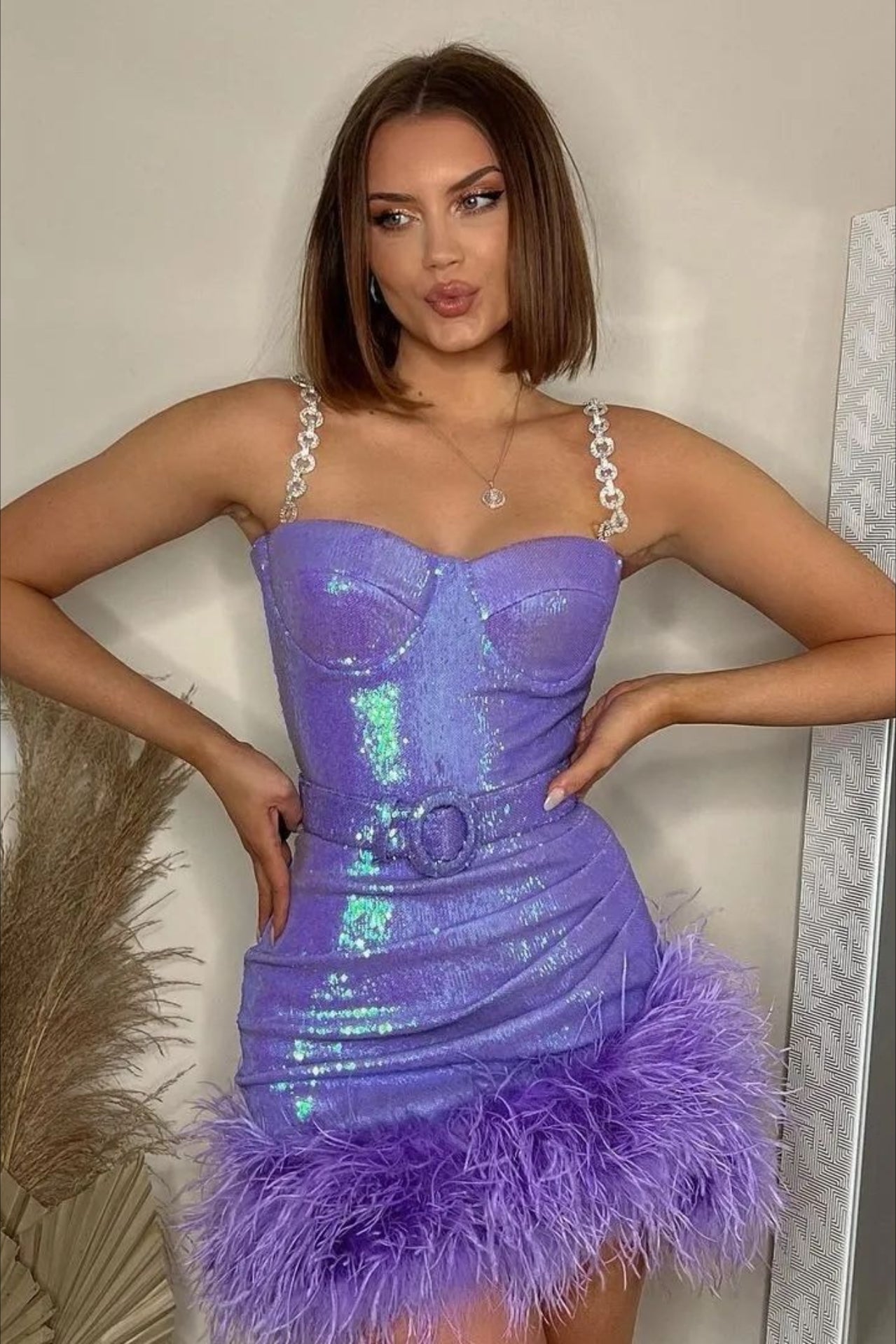 Sequin Faux Fur Belt Bodycon Graduation Party Dress Main image