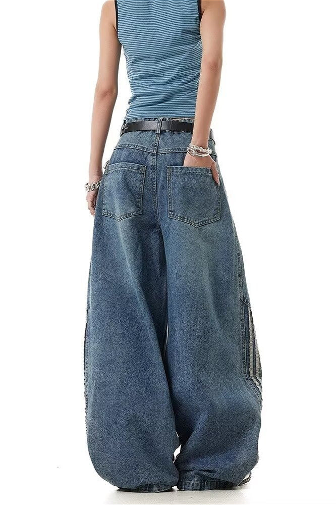 Deconstructed Stripe Panel Wide Leg Jeans