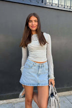 Fitted Striped Cami Ruched Button Long Sleeve Crop Top