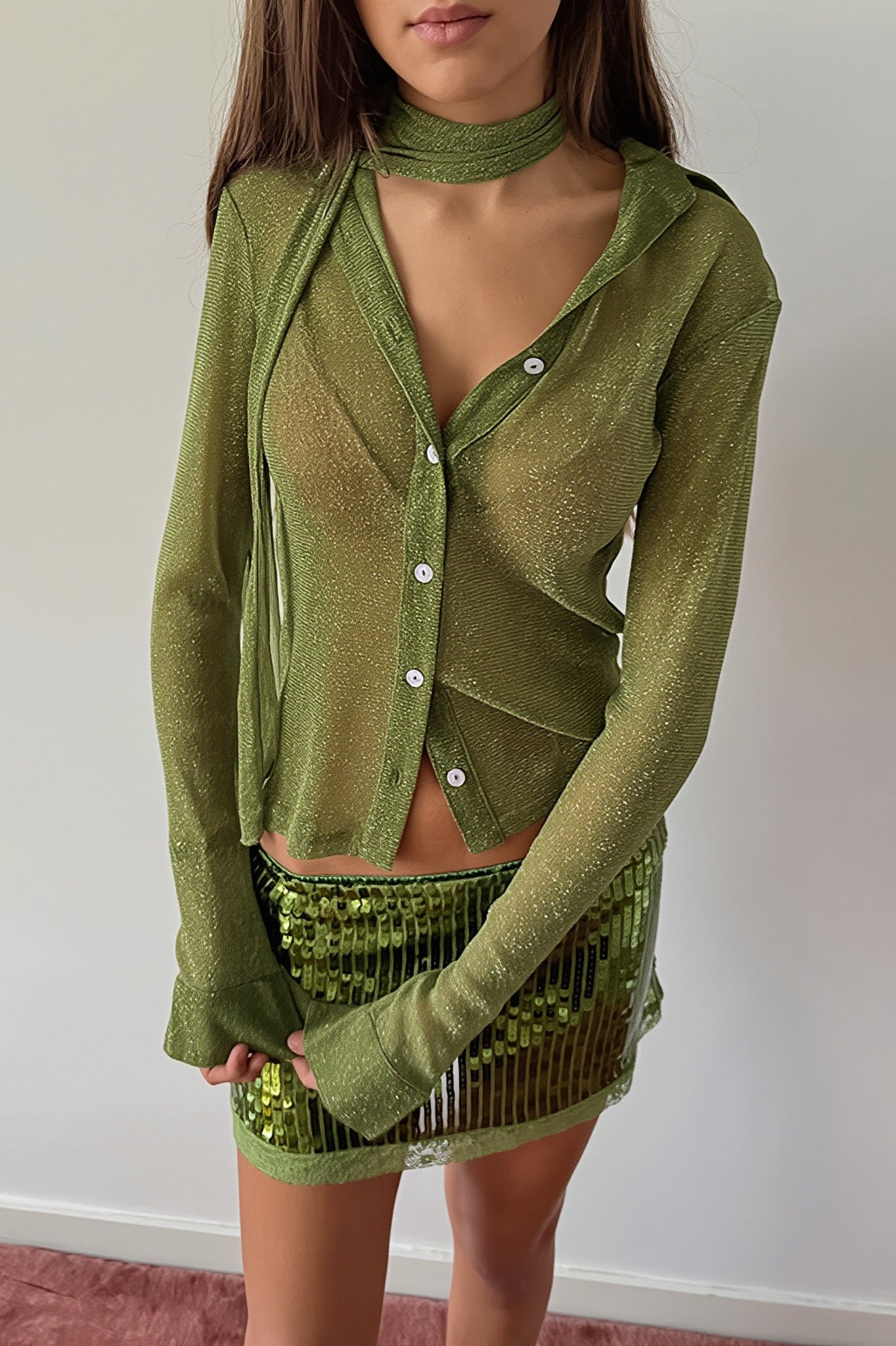 Glitter Sheer Tie Neck Button Crop Top Secondary image