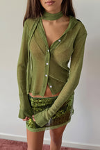 Glitter Sheer Tie Neck Button Crop Top