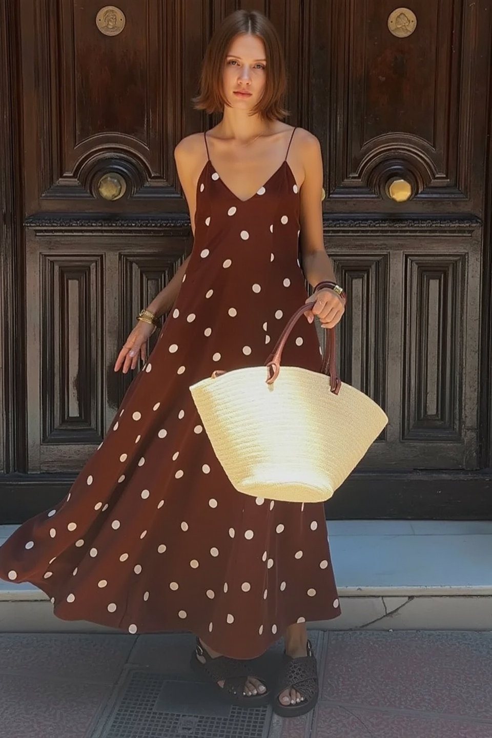 Polka Dot V Neck Open Back Loose Maxi Slip Dress Main image