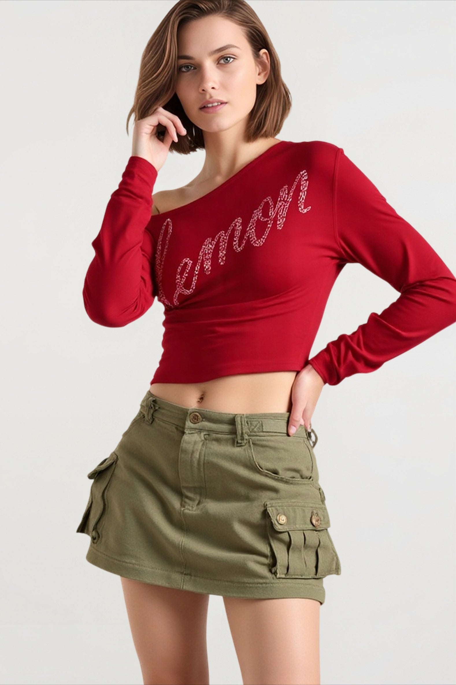 Off Shoulder Rhinestone Fitted T-shirts Secondary image