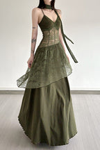 Lace Trim Sheer Waist Tie Cami Maxi Lace Dress