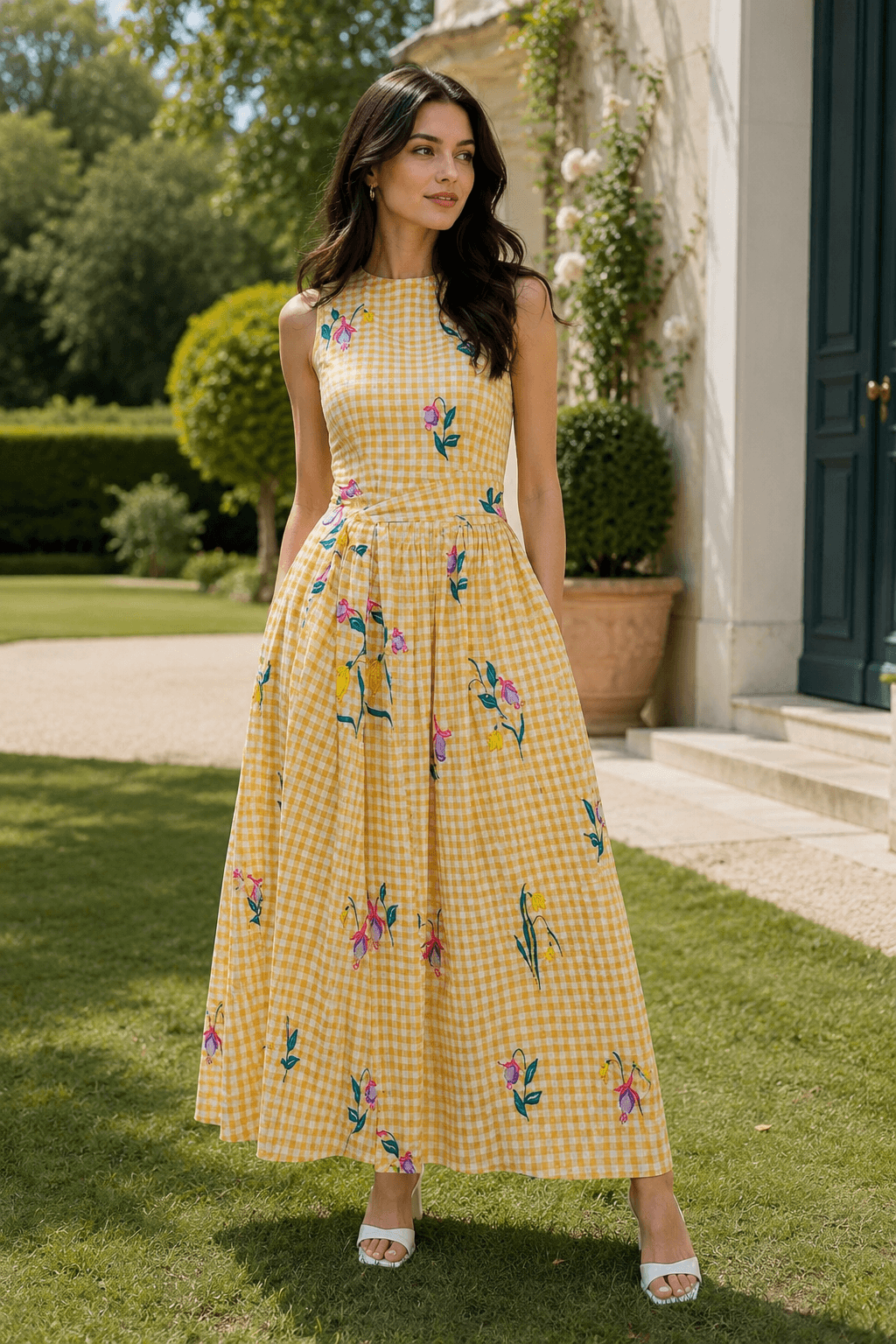 Vintage Heavy Floral Embroidery Tie Waist Sleeveless Long Floral Dress Main image