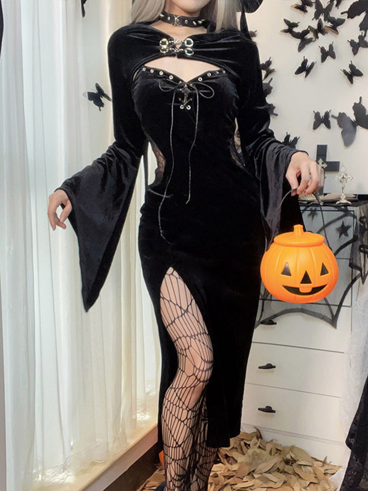 Long Dress Suit With Hat See Through Velvet Lace Cutout High Slit Long Sleeve Button Lace-up Party Dress Main image