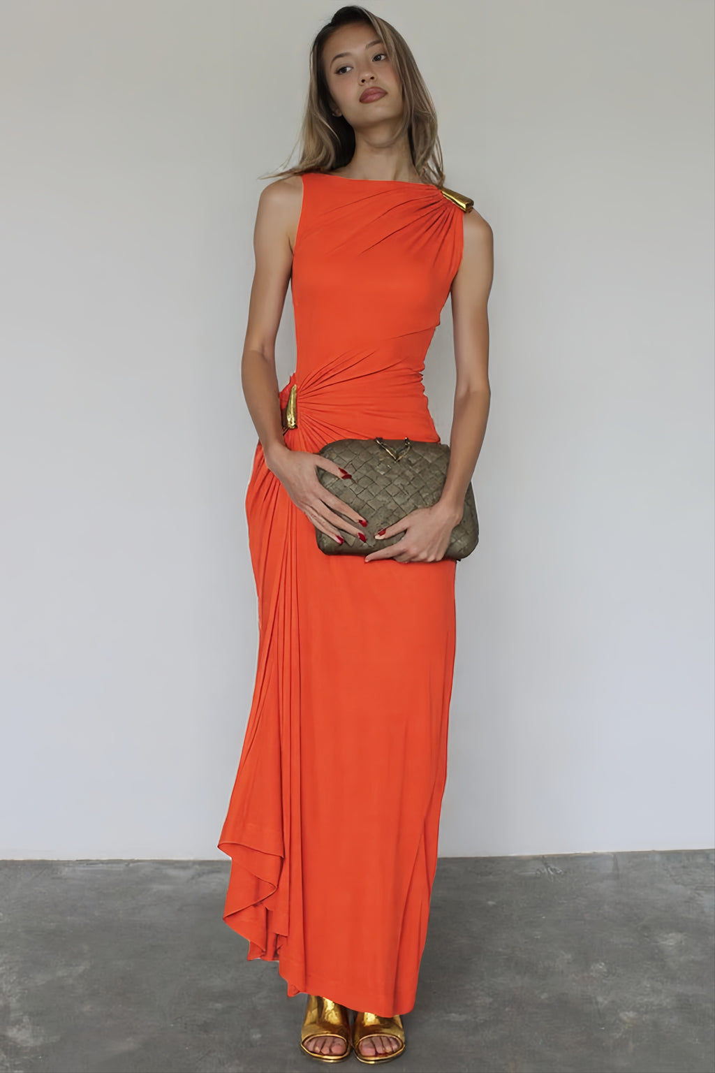 Sleeveless High Neck Ruched Metal Accent Party Dress