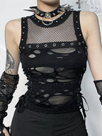 2024 Mall Gothic  Hole See Through Lace-up Streetwear Cyber Punk Rave Fashion Crop Top