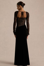 Lace Panel High Slit Long Sleeve Maxi Lace Dress