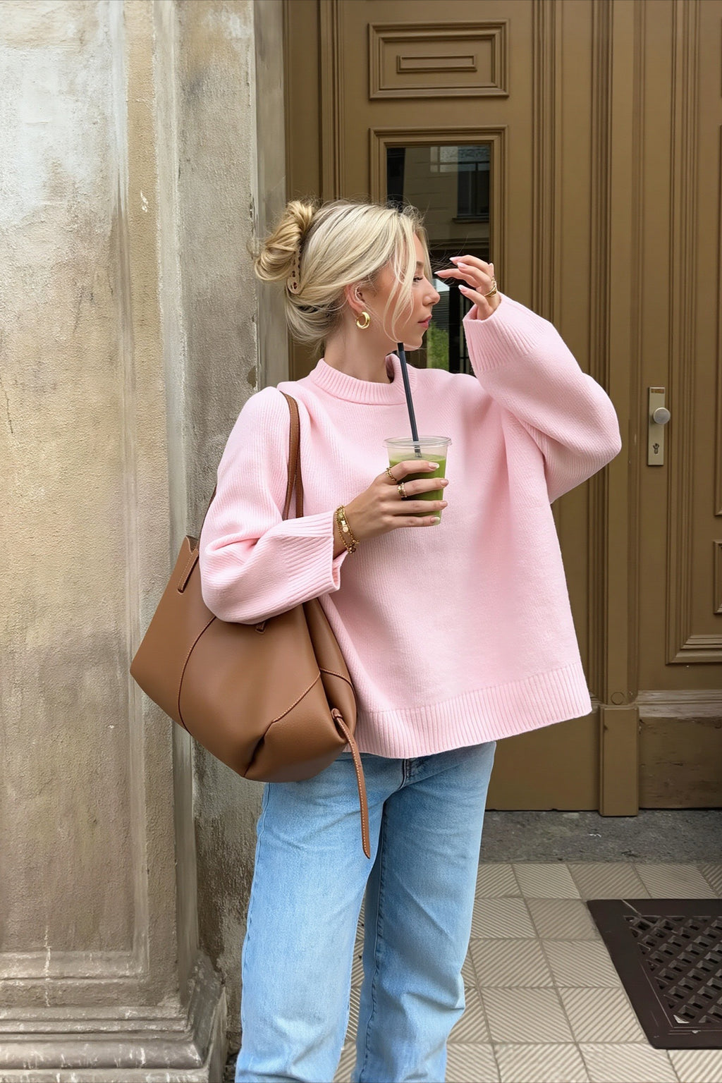 Soft Pink Crew Neck Relaxed Fit Sweater