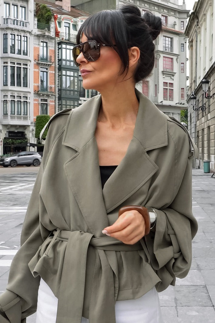 Olive Wide Lapel Belted Cropped Trench Coat