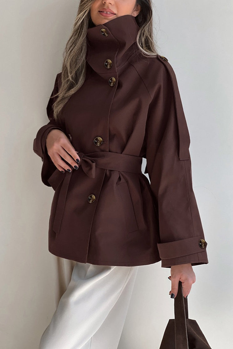 Brown High Collar Double Breasted Belted Coat