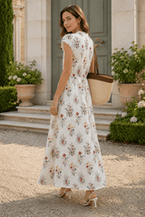 Elegant V Neck Embroidery Waist Long Floral Dress