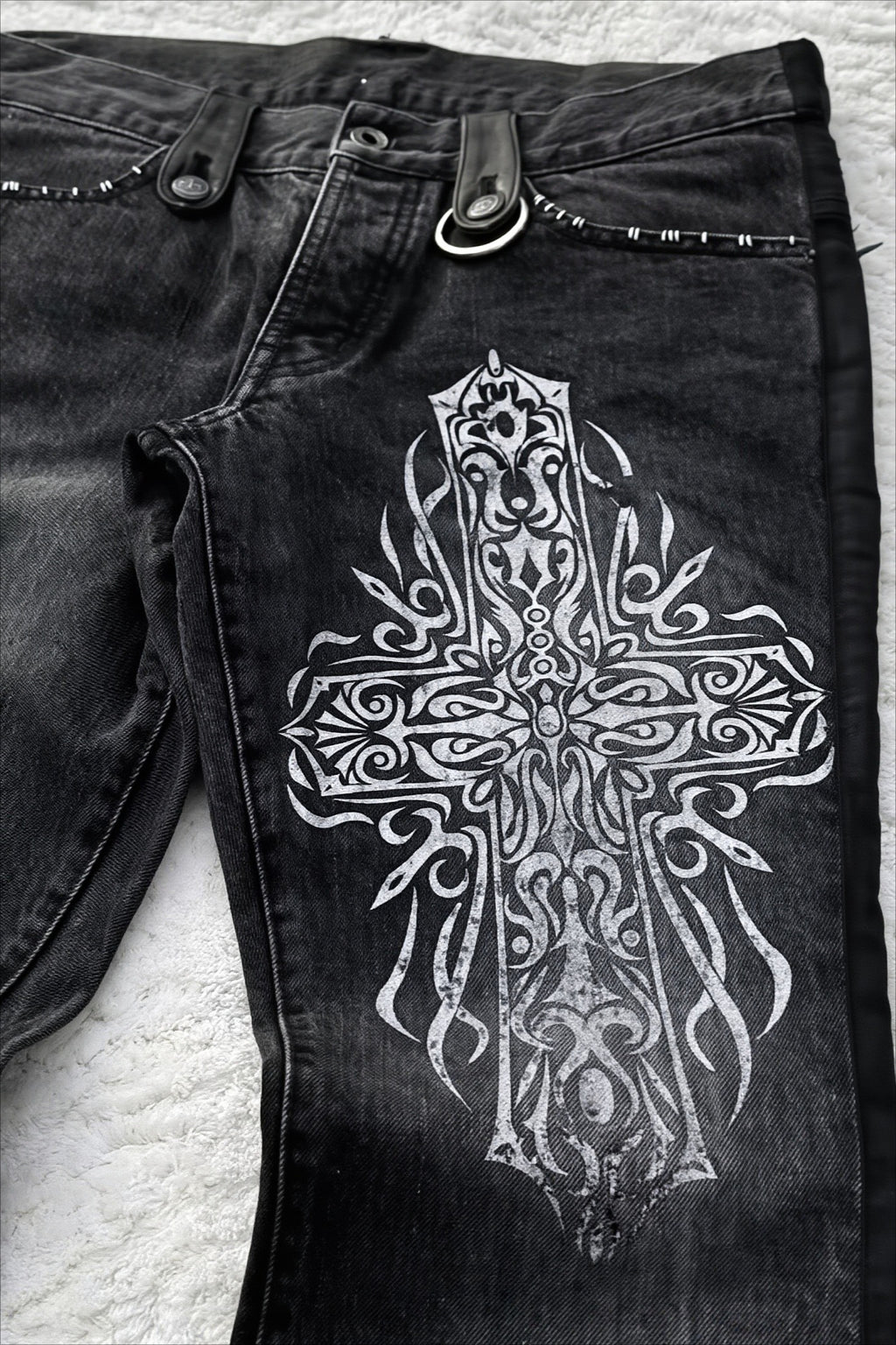 Cross Print Washed Punk Flare Jeans