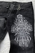 Cross Print Washed Punk Flare Jeans