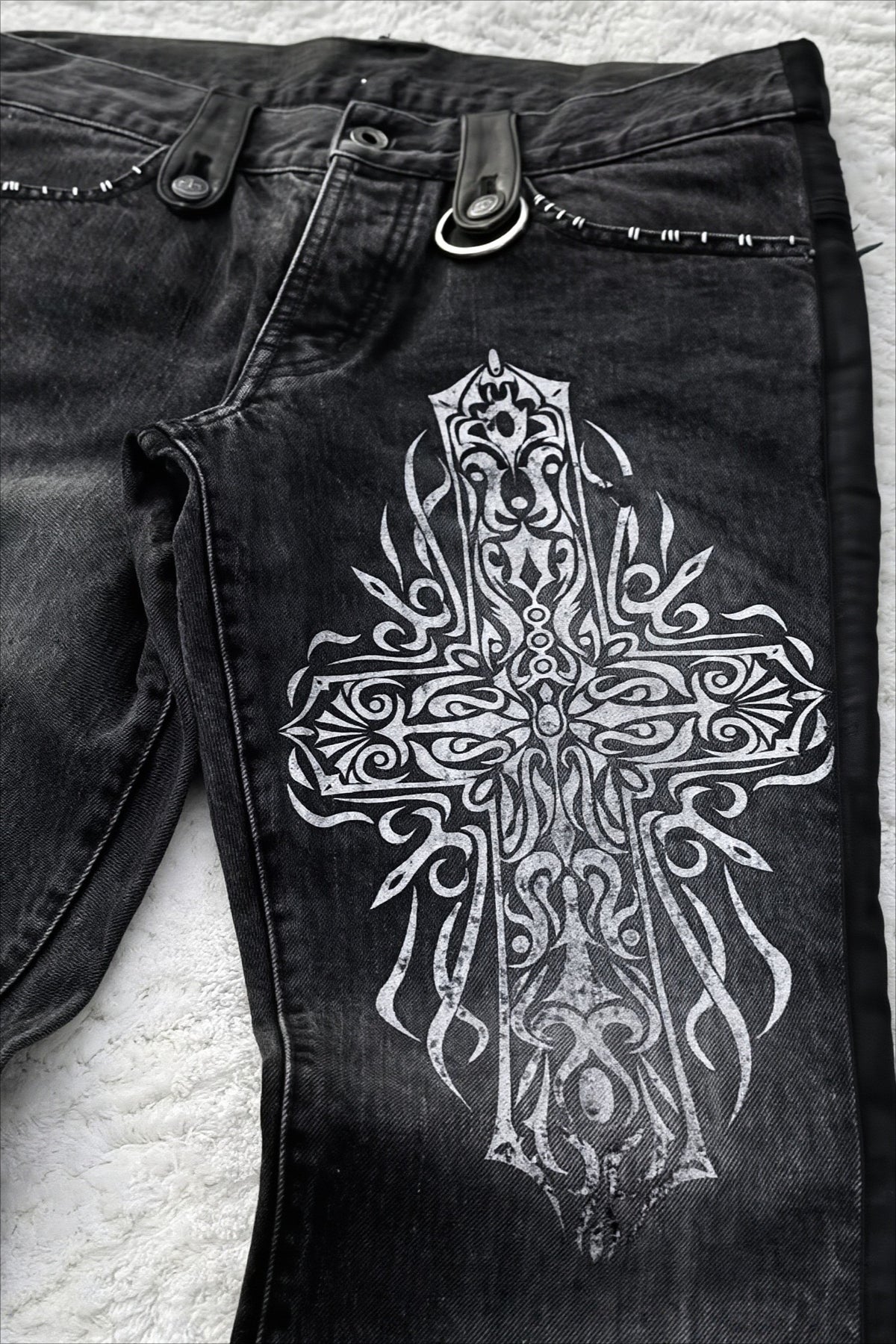 Cross Print Washed Punk Flare Jeans