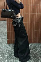 Leopard Waist Washed Wide Leg Jeans