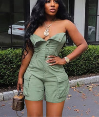 Strapless Pocket Side Cargo Denim Romper