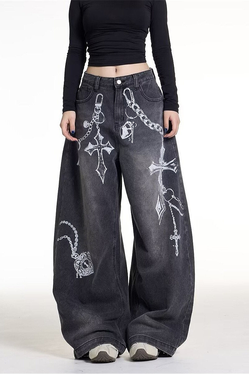 Gothic Chain Graphic Oversized Y2K Jeans