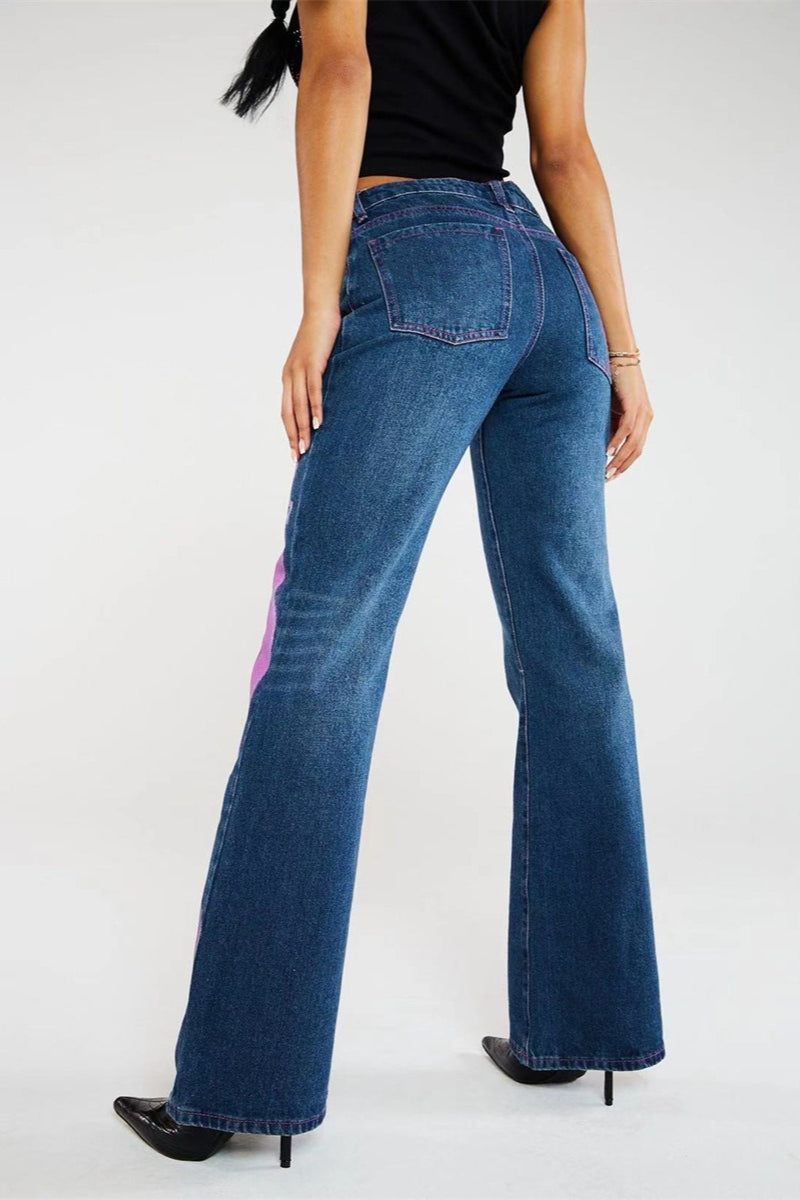 Letter Print Mid Rise Straight Leg Jeans