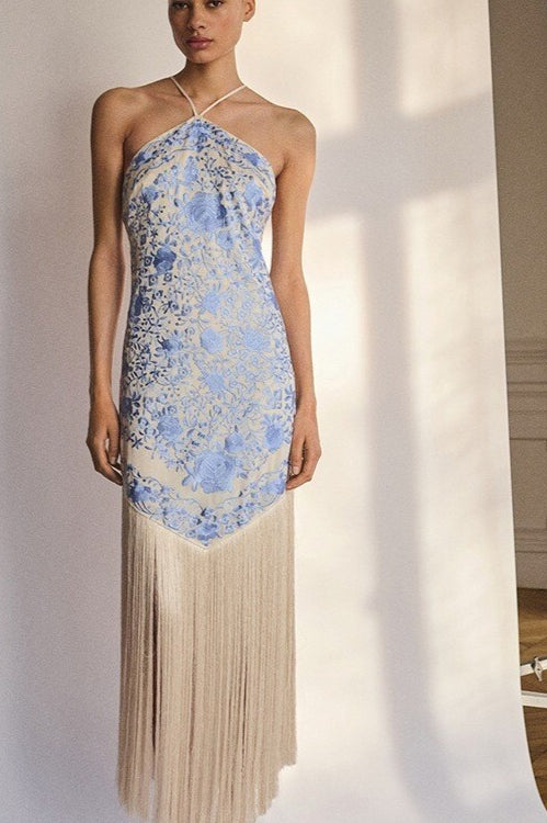 Elegant Fringed Halter Tie Backless Cami Long Formal Dress Main image