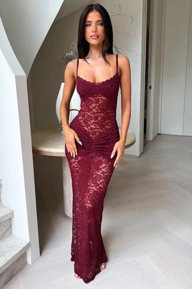Lace Off-Shoulder Spaghetti Open Slit Slim Lace Dress Main image